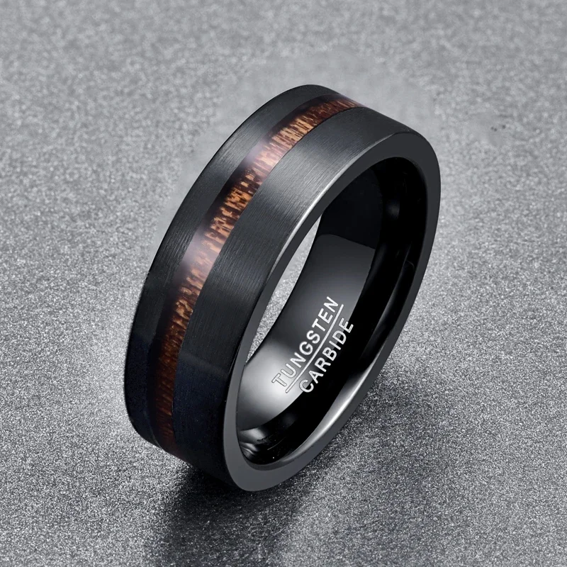Nuncad 8MM Electroplated Black Matte Surface Acacia Tungsten Carbide Ring Cool Punk Men's Party Jewelry Wedding Wood Rings T163R 3