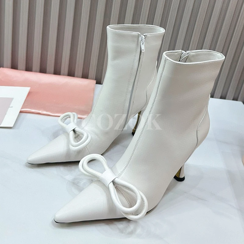

Autumn Ladies Leather Boots New Good-Looking Butterfly-knot Decor Banquet Short Boots Zipper Design Pointed Toe Female Pumps