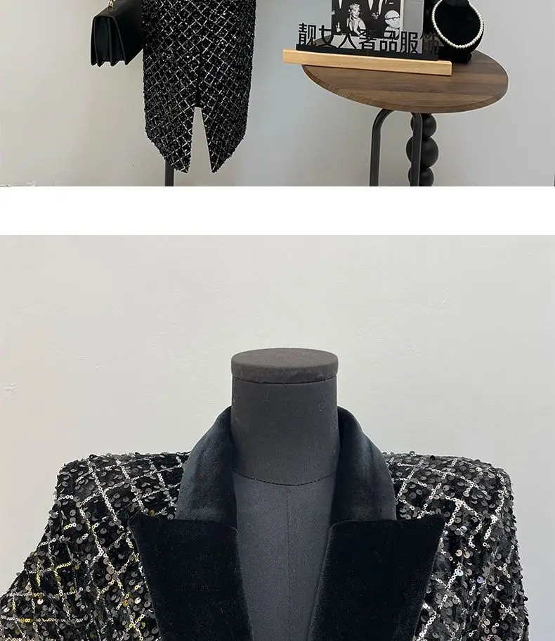 Black Sequined Thickened Women's Cotton Jacket 2025 New Winter Warm Elegant Fashionable Lapel High Quality Women Warm Coat H663