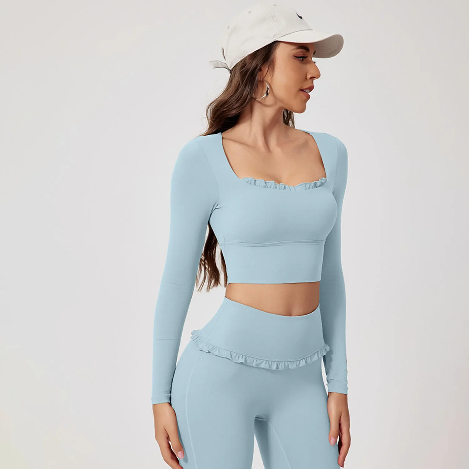Yoga Top Sports Shirt Fast Drying Fitness Sports Long Sleeve Top Running Square Neck Lace Tight Outwear with Chest Pad Long Sleeve Sports Yoga Clothes