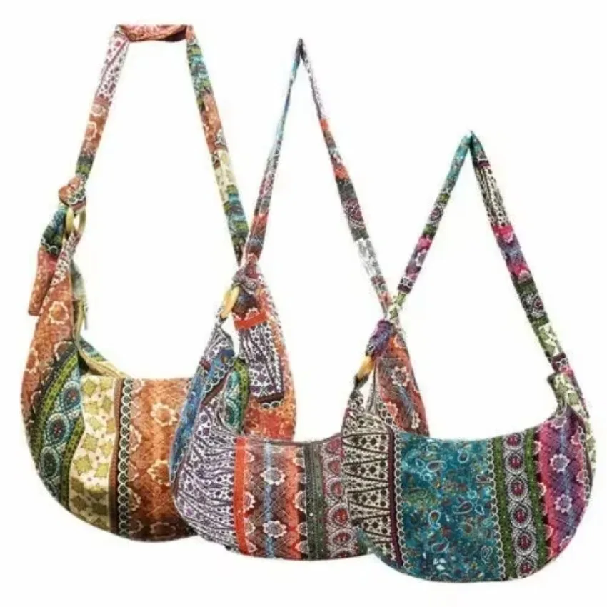 1 Pcs Women Shoulder Bag Crossbody Bags Bohemian Style Printed Linen Cotton Cloth Bag Adjustable Long Strap Fashion Lady Handbag