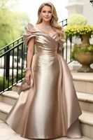 Off Shoulder Puff Sleeve Plus Size Satin Evening Dress for Women's Solid Elegant Cocktail Wedding Guest Maxi Dresses