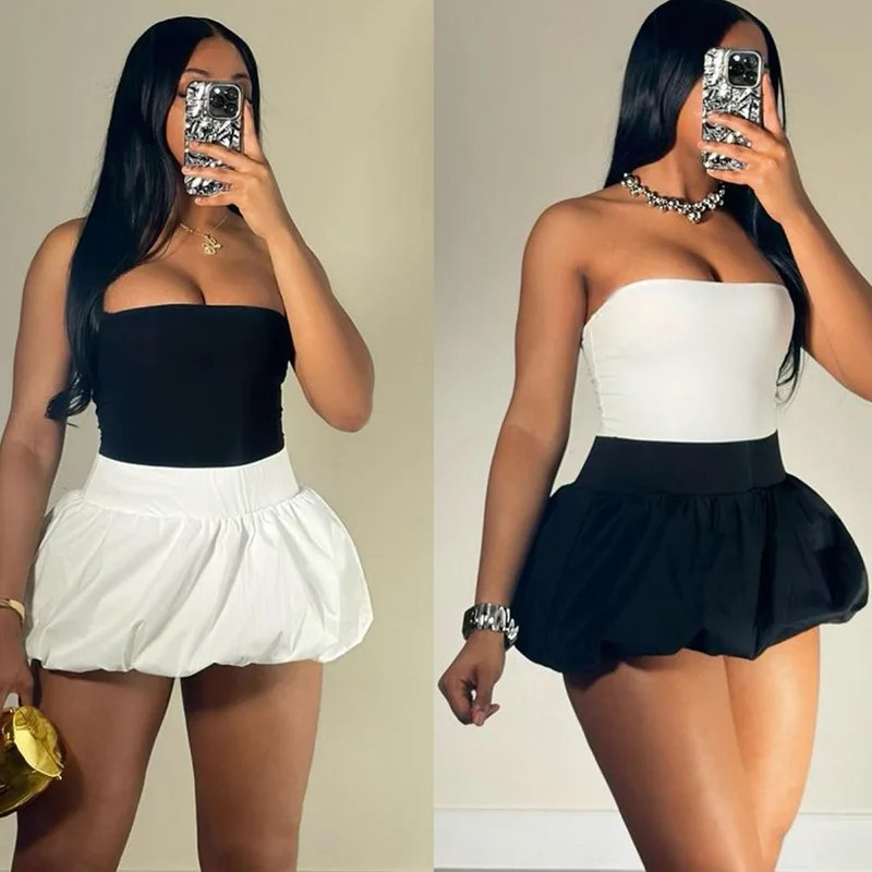 2024 Summer Solid Casual Versatile Bubble Mini Skirt Women Elastic High Waist Ruched Concise Spicy Girls Short Bottom Streetwear