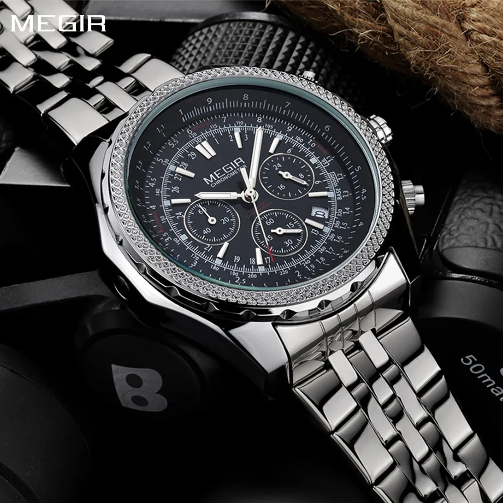 

MEGIR Fashion Business Men's Watch Stainless Steel Quartz Wristwatch Calendar Big Dial Man Military Sports Chronograph Clock