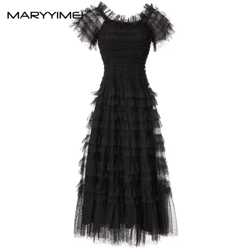 

MARYYIMEI Fashion Designer Summer Women's dress Butterfly Sleeve Dot Ruched Square Collar Dresses