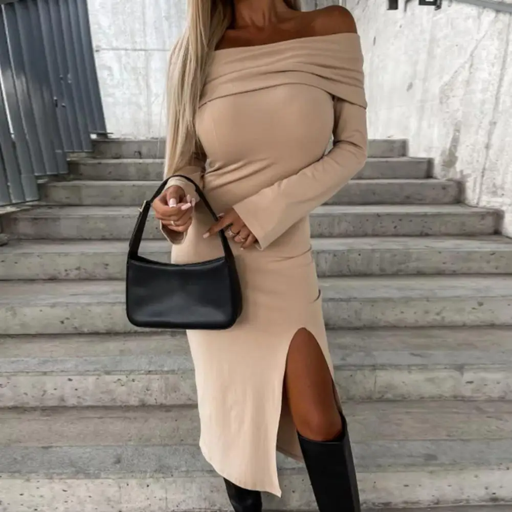 

Women Off-the-shoulder Dress Elegant Off-shoulder Bodycon Dress for Women Slim Fit Midi Dress with Slit Hem Stylish Party Solid