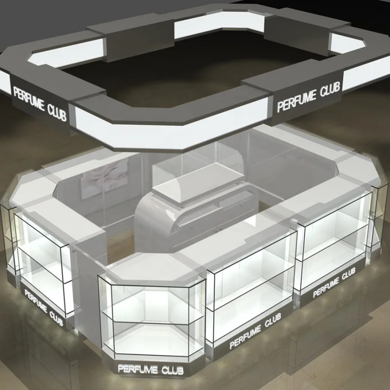 custom，Factory Customized Cosmetics Counter Perfume Showcase with Led Light Perfume Display Kiosk Booth for Mall
