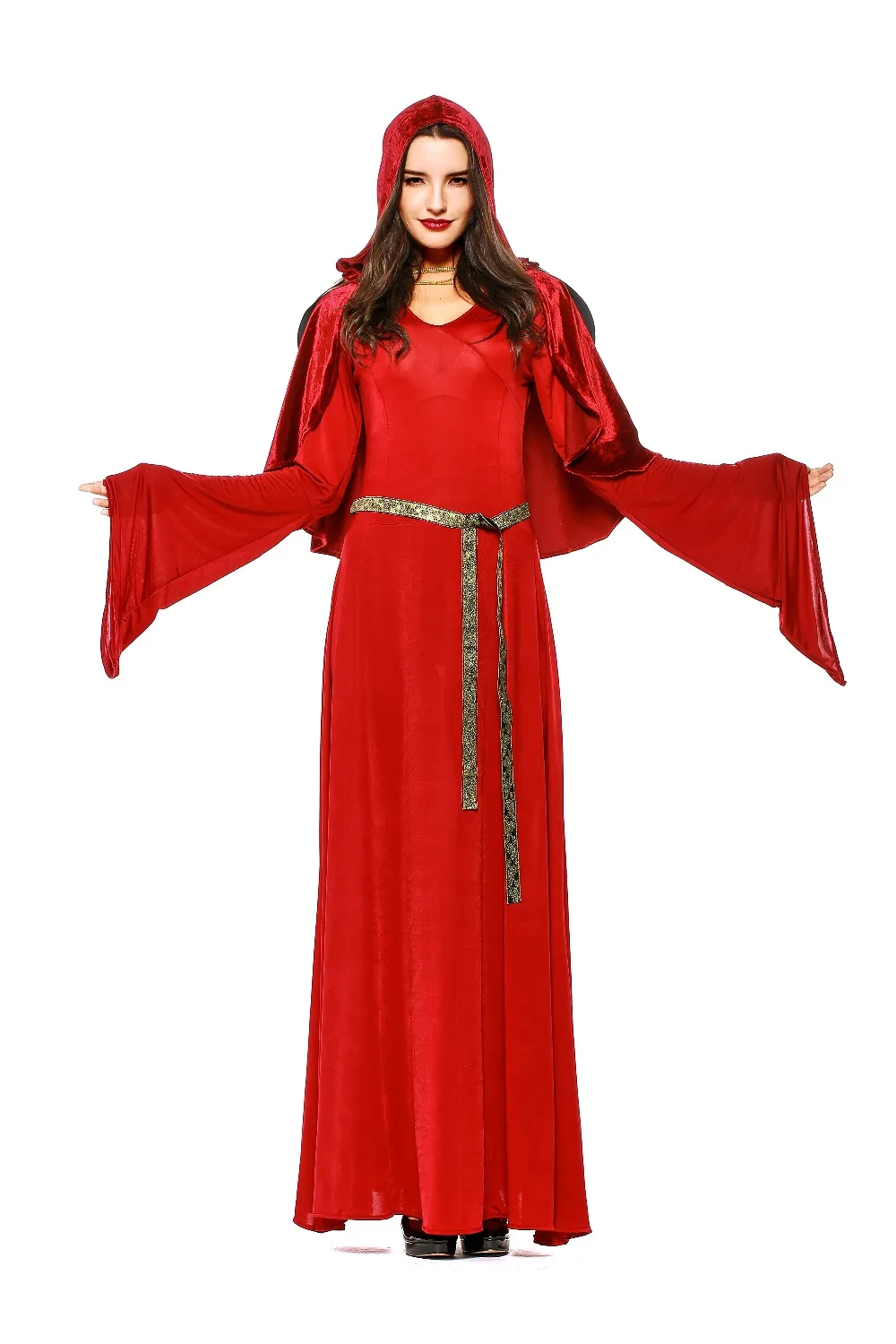 

Dark Sorcerer Adult Women Monk Costume wicked priest Red Robe Magic Theme Party Halloween