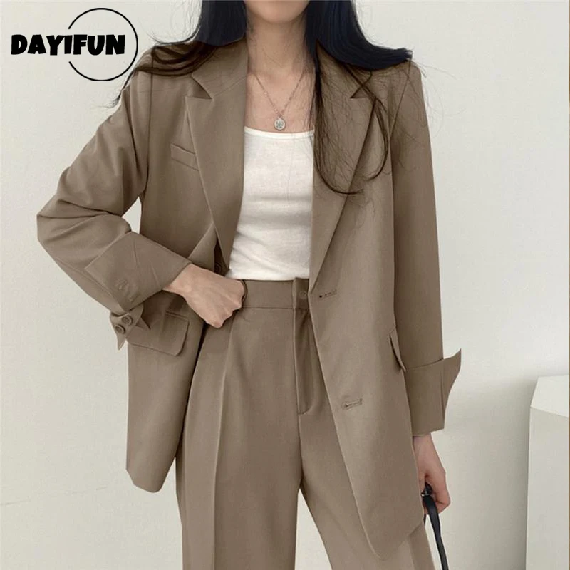 DAYIFUN-Chic Long Sleeve Blazer for Women Blazers Coats and High Waist Pants Sets Office Lady Buttons Loose Blazer Or Trousers felinza chic pink office lady blazer women plaid v neck double buttons pockets loose long jackets women fashion 2023 chic tops