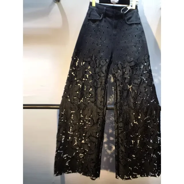 New Summer Denim Patchwork Hook Flower Hollow Lace Straight Leg Wide Leg Pants Casual High Waist Heavy Embroidery Rhinestone