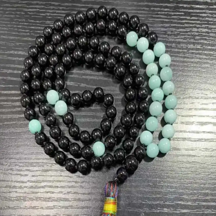 8mm 108 Hand knot black agate blue jade tassel mala necklace Fashion Healing Teenagers Religious Chakra Hipster Prayer Trendy