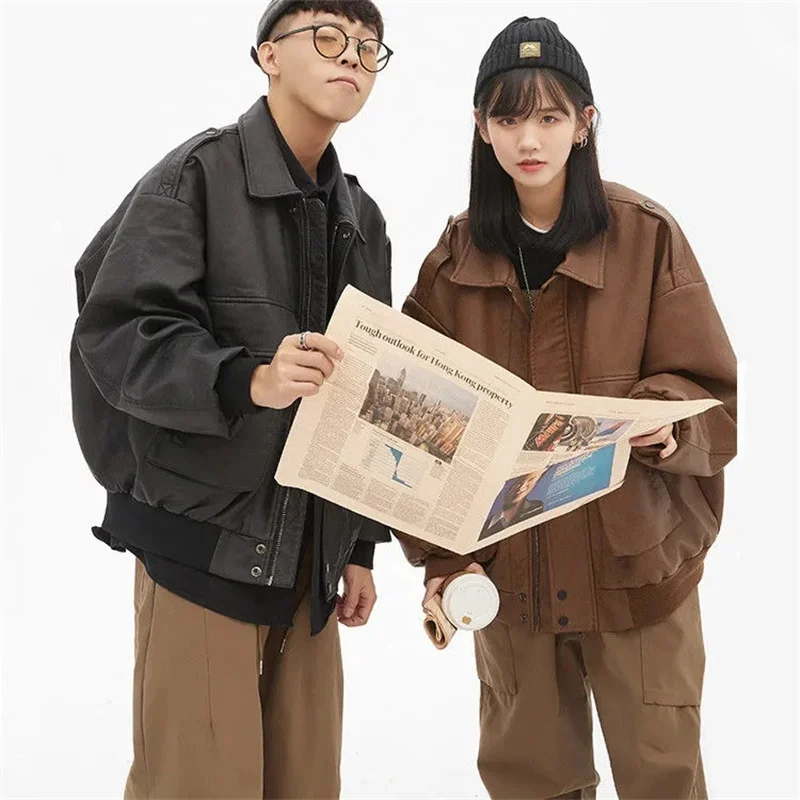 2023 New Style Vintage Leather Coat Women's Autumn Winter Tidal Sugihara Style Jacket Foreign Versatile Plus Plush Thick Couple
