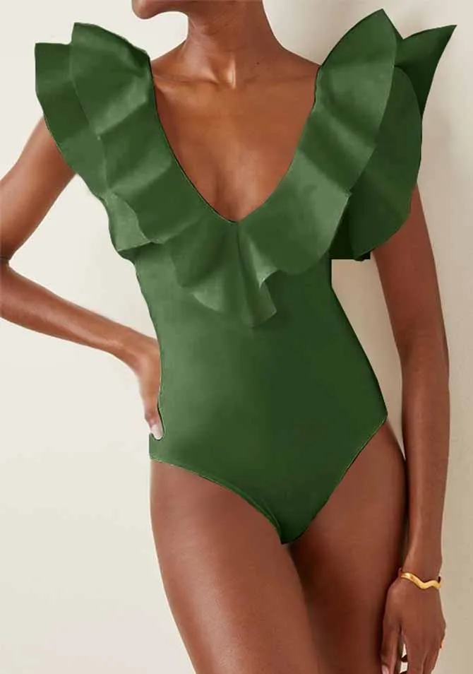 

2024 Solid Color Ruffle Luxury One Piece Swimsuit High Quality Women's Push Up Bikini Swimwear Monokini Bathing Suit Beachwear