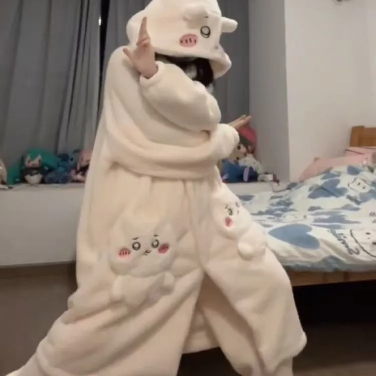 MINISO Adult Chiikawa Cosplay Costume Robes Kigurumi Jiyikawa Onesie Anime Nightgown Halloween Cartoon Pajamas
