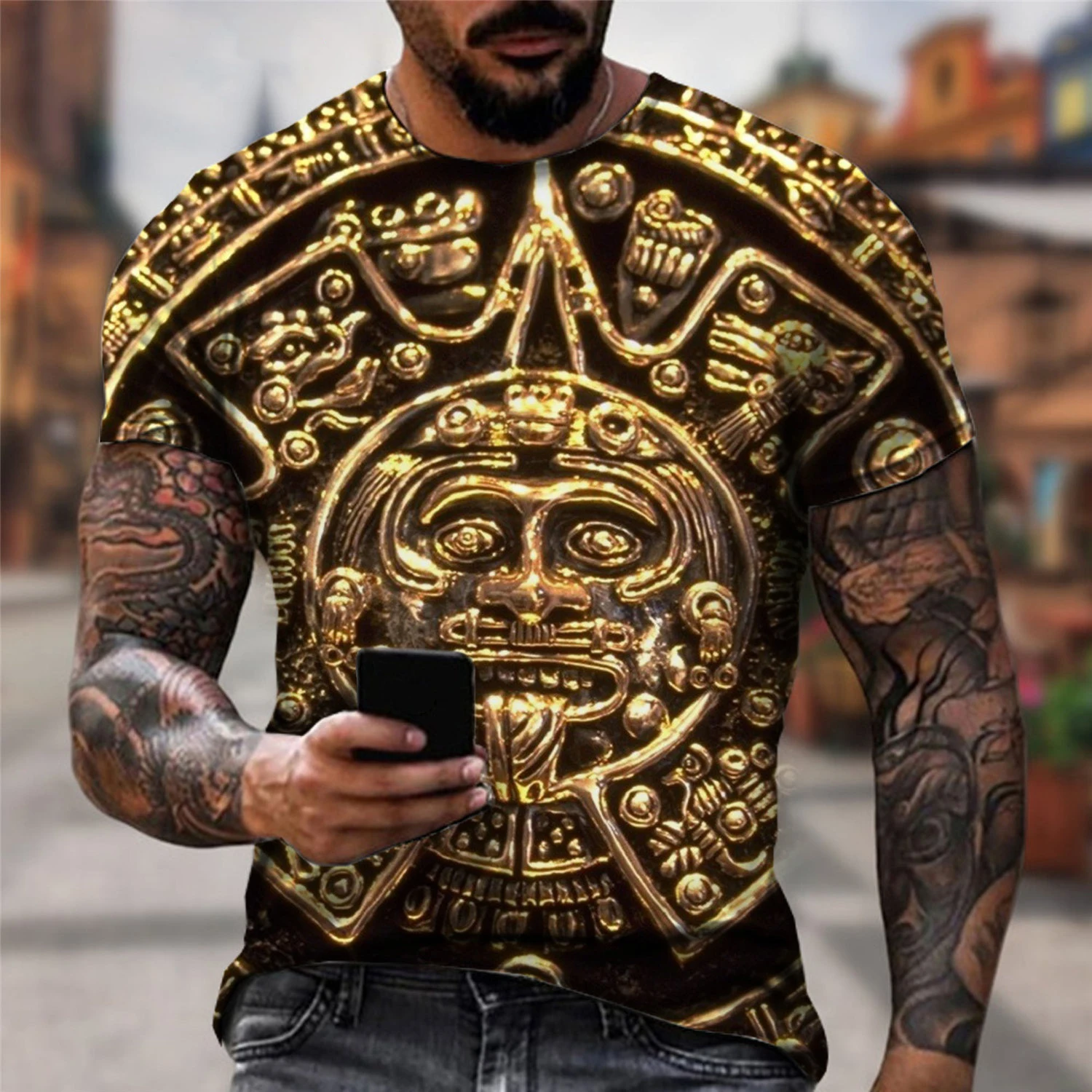 Mexico Aztec Calendar 3D Print Short Sleeve T Shirt