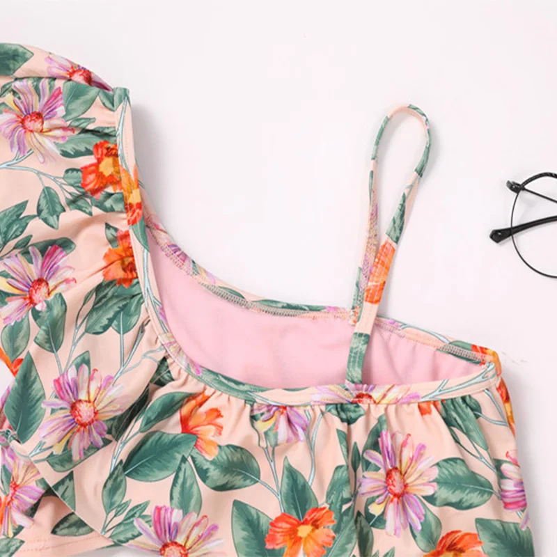 Children Swimwear Women Bikini Set Girls Swimwear Swimsuits Off Shoulder Crop Top Floral Print Briefs Set
