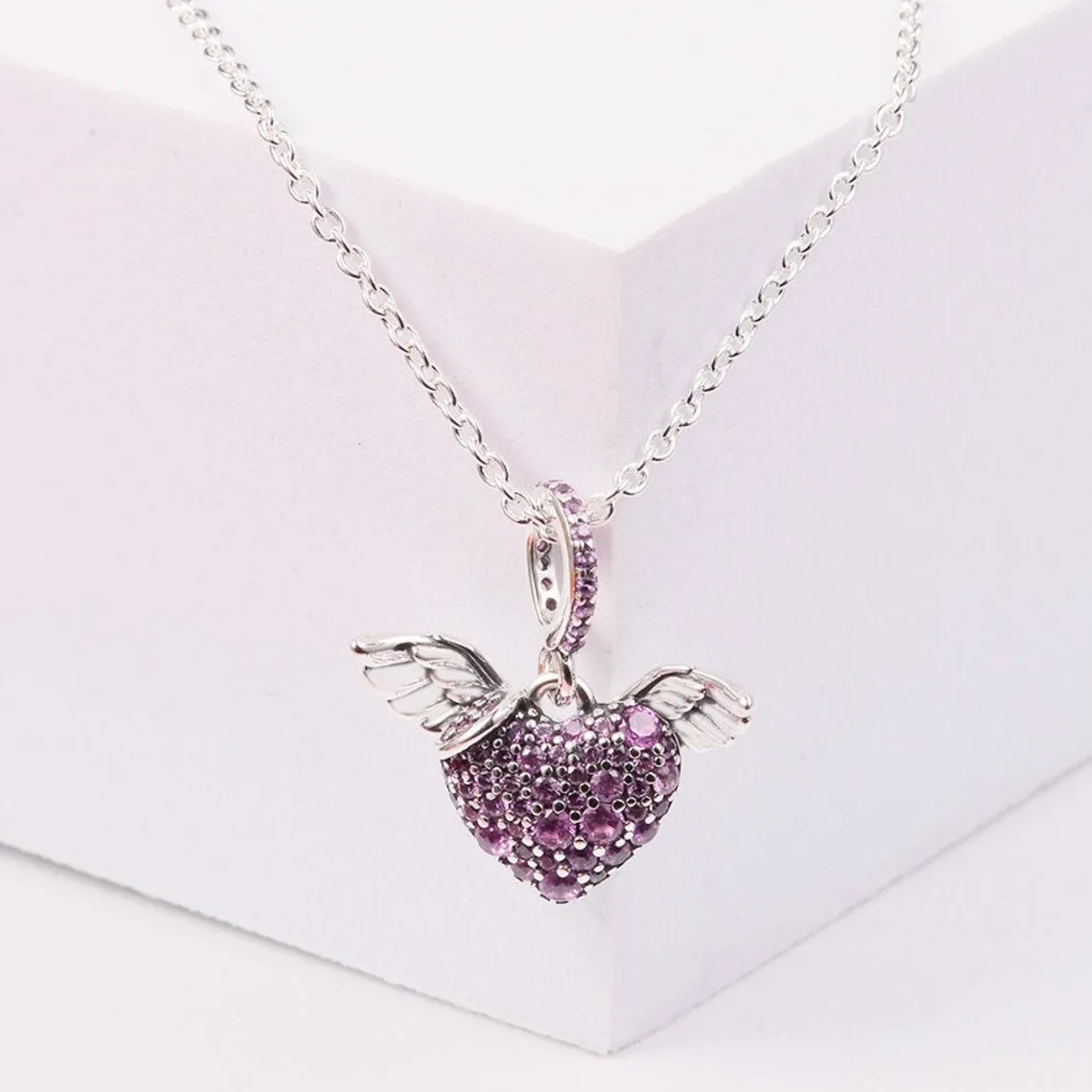 

925 Sterling Silver Pink Pavé Heart & Angel Wings Fashion Pendant with Chain Fit Woman Pandora Style Jewelry
