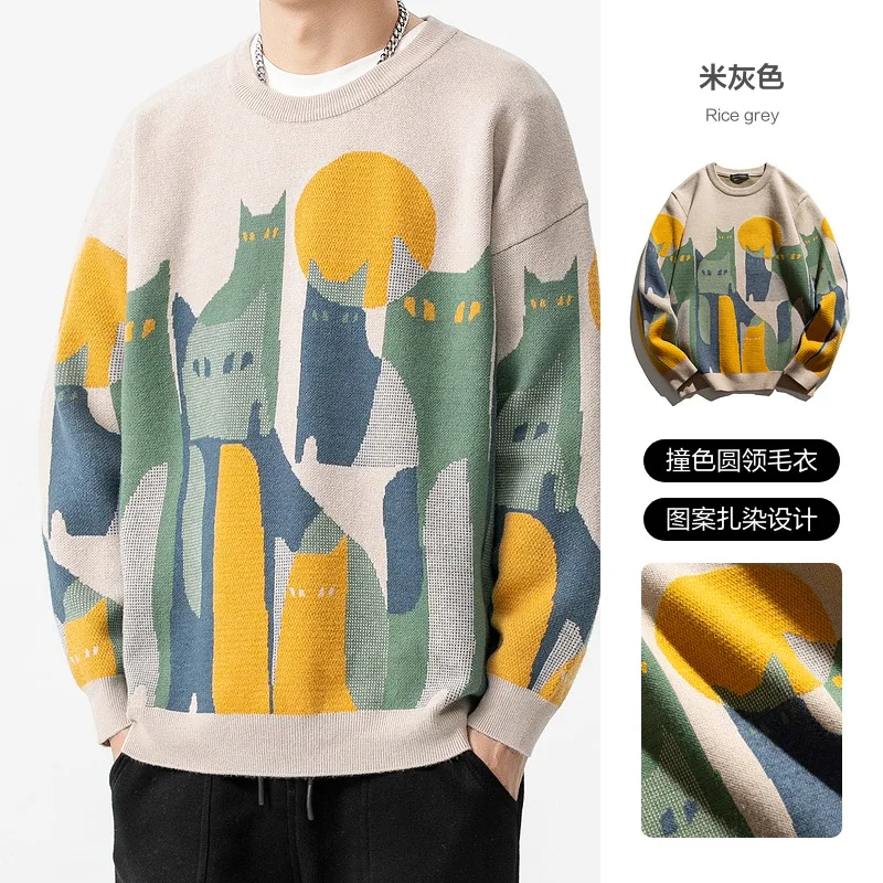 New Men's Autumn Knitted Sweater Korean Style O Neck Cats Graphic Pullover Winter High Quality Warm Tops Black Sweaters 2024 2