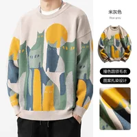 New Men's Autumn Knitted Sweater Korean Style O Neck Cats Graphic Pullover Winter High Quality Warm Tops Black Sweaters 2024 2