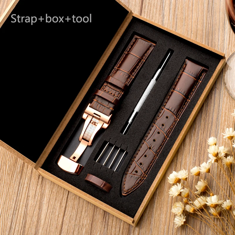 Butterfly Pattern Genuine Leather Watch Band Strap with Deployant Buckle in Brown & Black (12-24mm)