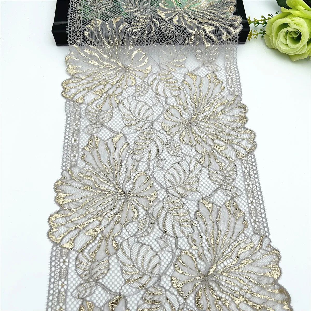 3y/lot Width 22.50cm Light Grey Golden Elastic Stretch Lace Trim 6