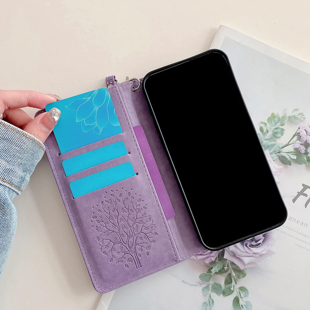 Leather Wallet Phone Case with Card Slots and Magnetic Closure - Tree Design