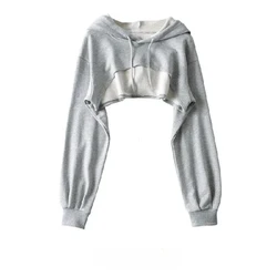 Trendy Women's Ultra - Short Irregular Crop Hoodie with Long Sleeves - M (Gray - J1)
