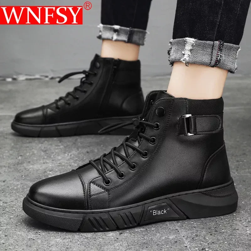 Wnfsy 남성용 가죽 부츠, 편안한 플랫폼 부츠, 야외 하이탑 패션 가죽 부츠, 편안한 방수 남성 신발
