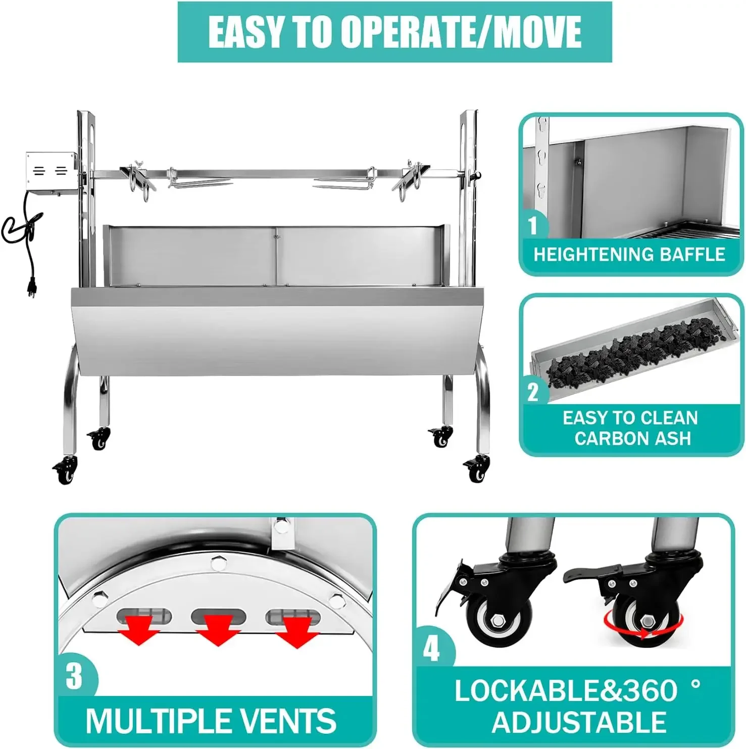 Steel Rotisserie Grill with Back Cover Guard, 25W Motor Small Pig Lamb Rotisserie Roaster, 37'' 2 in 1 BBQ Charcoal Rotisserie G 4