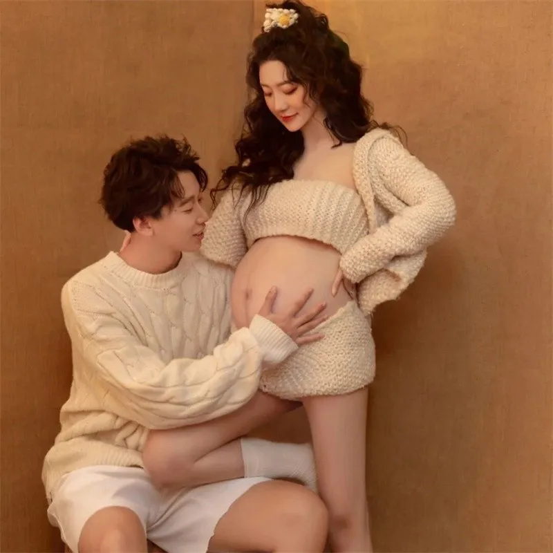 여성 사진 소품 뜨개질 스웨터 탑 가디건 반바지 양말 임신 옷 커플 가족 출산 사진 소품 정장