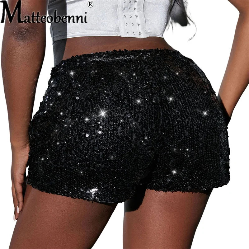 Fashion Silver Black Sequin Casual Versatile Shorts Women Zipper Straight High Waist Hot Three Quarter Pants Streetwear Clubwear