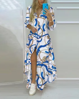 Abito camicia sexy con collo alto primavera autunno 2024 Abito camicia casual con stampa personalizzata stile retrò a maniche lunghe da donna 1