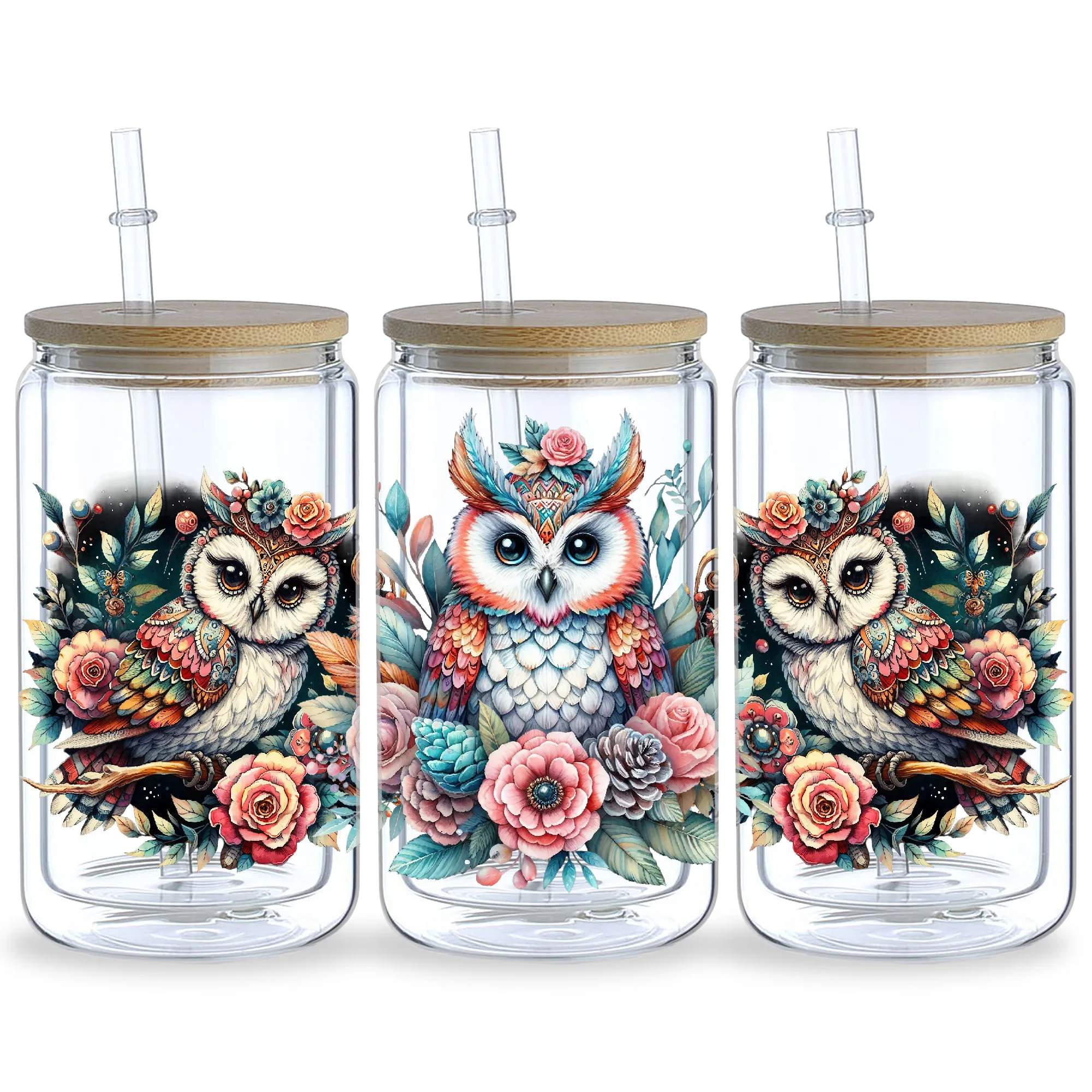 5 Sheets Owl UV DTF Cup Stickers, Glass Cup DTF Transfer Stickers, Waterproof Mystical Owl Wipeable Transfer Paper for