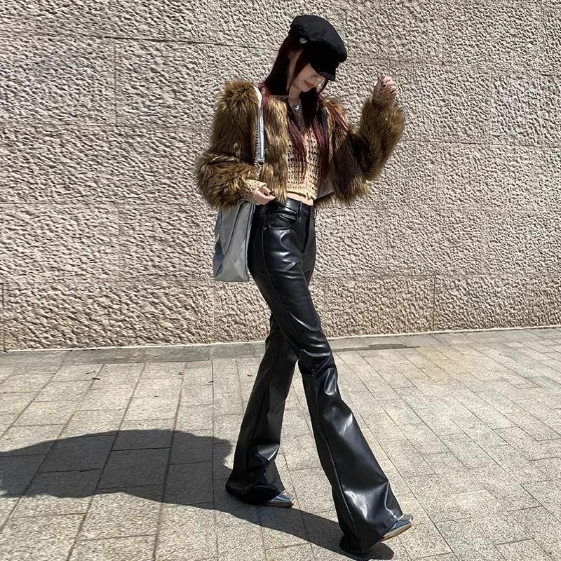 High Waist Woman Trousers Sexy Black PU Leather Flare Pants