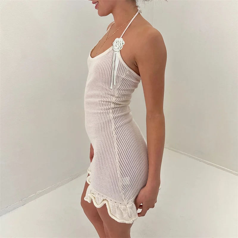 Halter Dress y2k Clothes Women Summer Solid Color Sleeveless Knitted Bodycon Dress with 3D Flower Beach Party Dresses