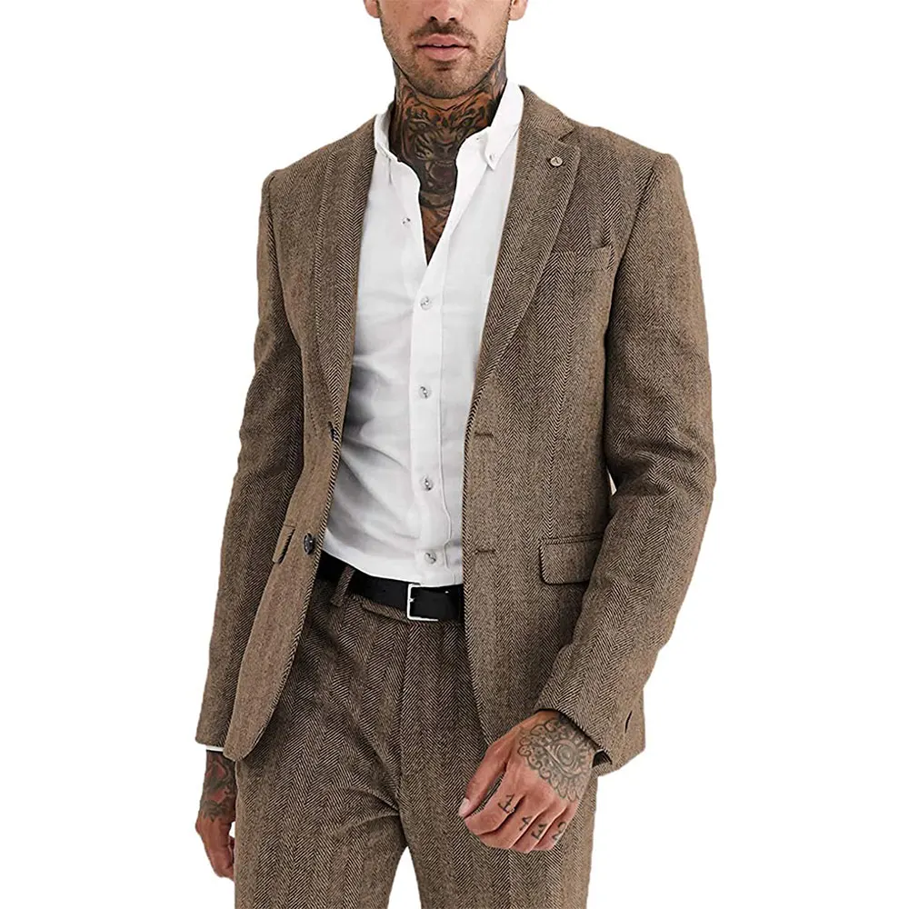 Wool Herringbone 2 Piece Mens Suit Formal Fashion Slim Fit Blazer Notch Lapel Tuxedos Groomsmen Wedding(Blazer+Pants)