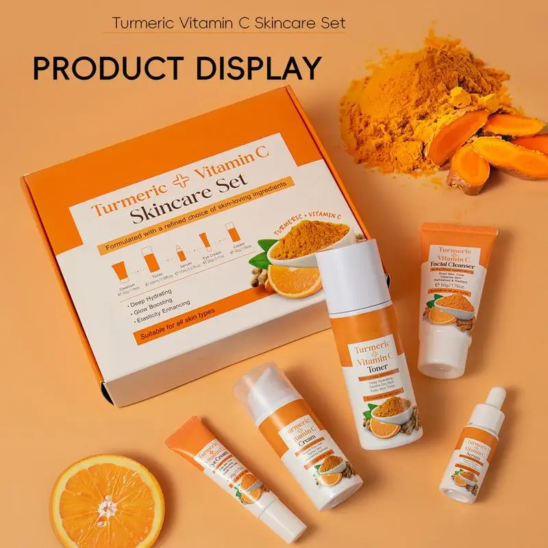 5pcs Turmeric Skin Care Set Facial Acne Cleansing Cream Temeric Cream Shrink Pores Moisturizing Toner Eye face Cleanser
