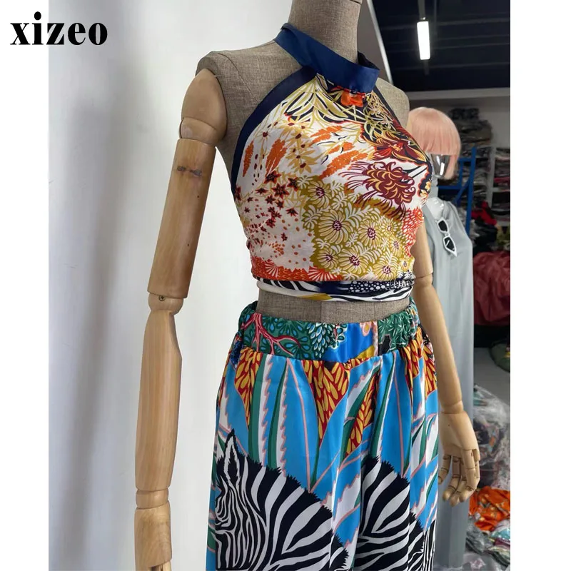 XIZEO Summer beach Women two-piece suit fashion sexy Boho African Holiday free size Silk feeling top and pants