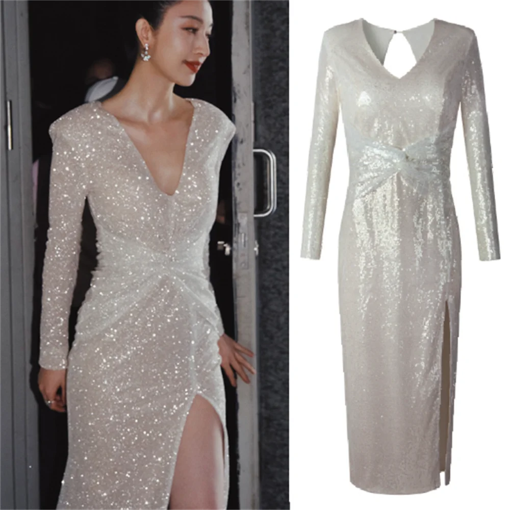 

Design v neck elegant women dress spring dress fishtail sequins slim long dress