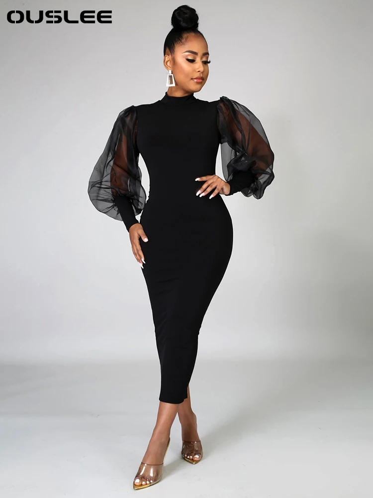 

Women's Mesh Puff Long Sleeve Bodycon Midi Dress, High Neck, Sexy Clubwear, Split Pencil, Black Slim Women's Party Dress