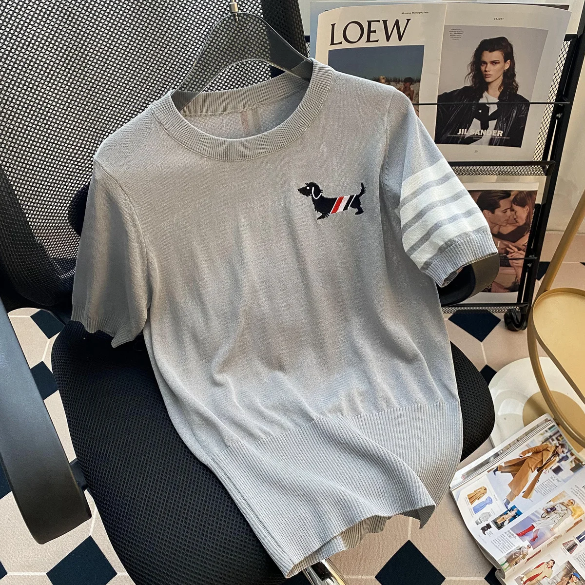 

British style tb four-bar cartoon puppy embroidery pullover ice silk sweater round neck short-sleeved T-shirt top women's thin