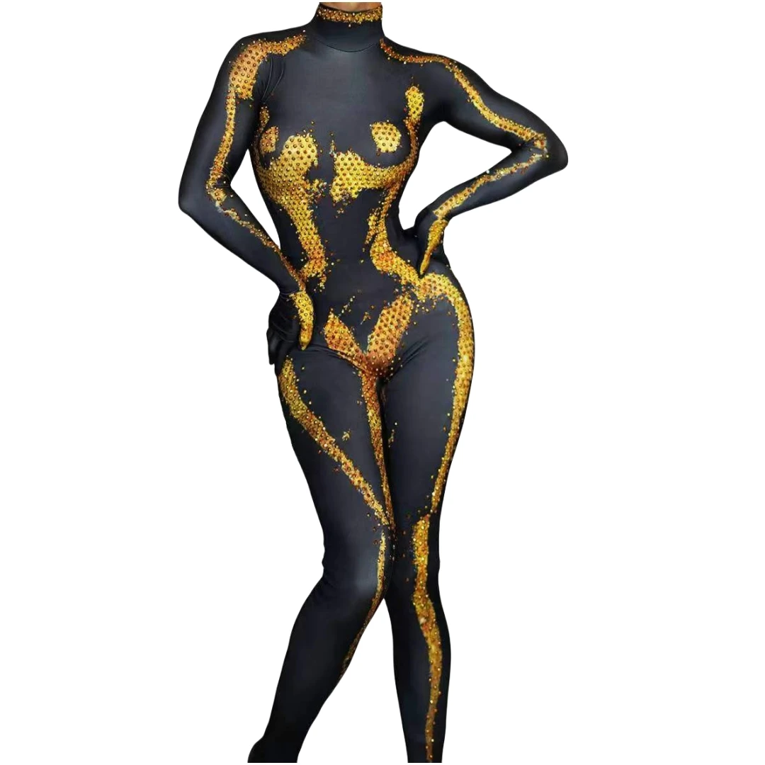 

Gold Silver Rhinestone Shinning Jumpsuits Stretch Dance Costume For Women 2024 New Pole Hot Drilling Singer Groop Drag Bodysuits