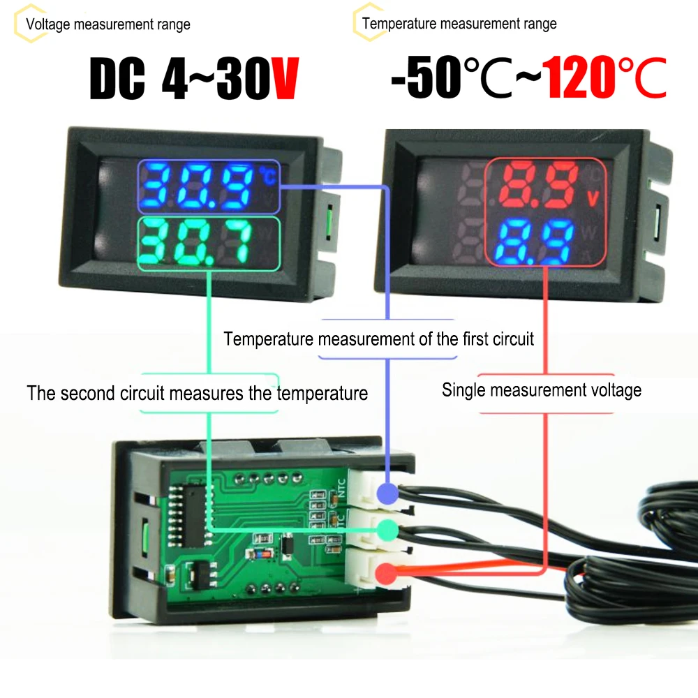 

Digital Dual Display Voltmeter Temperature Meter DC4-30V Voltage Tester Temperature Sensor With 1m NTC 10K Probe Temp Detector