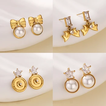 Imitation Pearl Bow Earrings for Women Stainless Steel Gold Color Crescent Moon Star Earrings Fashion Wedding Waterproof Jewelry