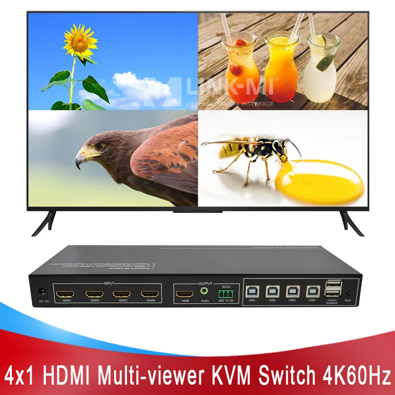 LINK-MI 4x1 HDMI 멀티 뷰어 KVM 스위치 지원 4K @ 60Hz USB, 오디오, 4 IN 1 OUT 원활한 스위처
