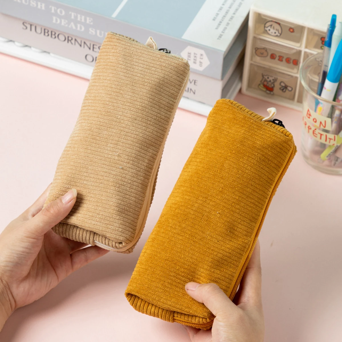 코듀로이 레트로 필통, 학생용 대용량 미적 펜 파우치 정리함, 심플한 패브릭 학교 필통 지퍼