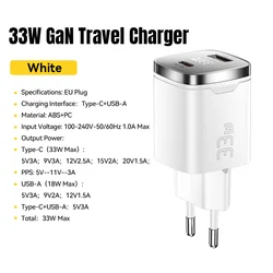 Essager 33W GaN USB - C Charger with Digital Display and Fast Charging Capability - White EU Plug