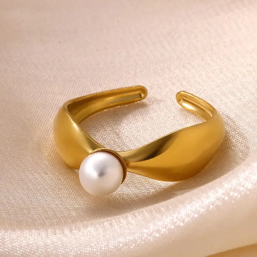 Stainless Steel Pearl Rings For Women 18K Gold Plated