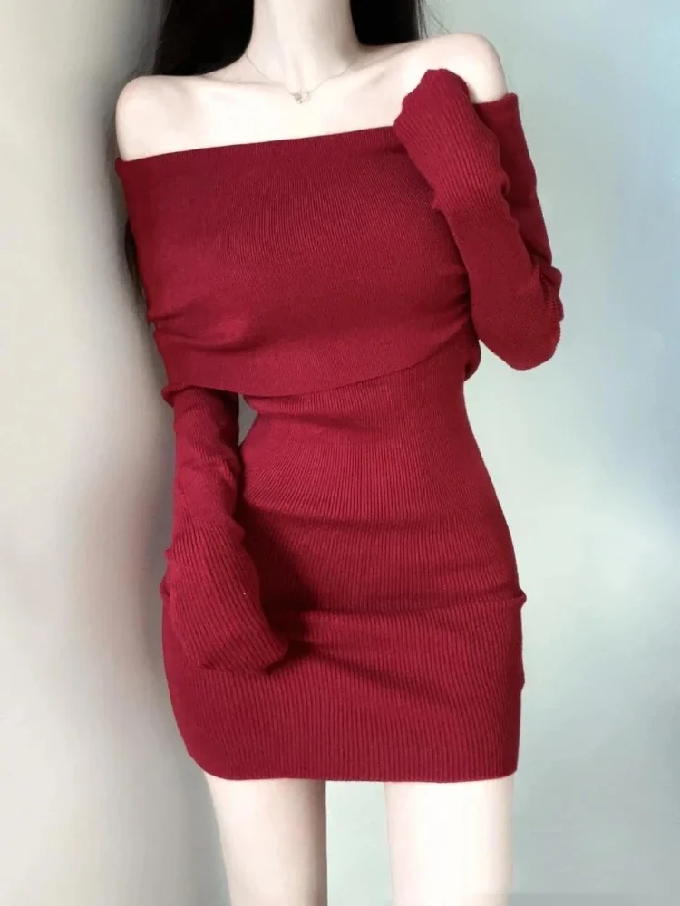 

Рождественское вязаное женское платье с вырезом-лодочкой, женское облегающее популярное мини-платье, Повседневная Новая Элегантная туника, осенние платья