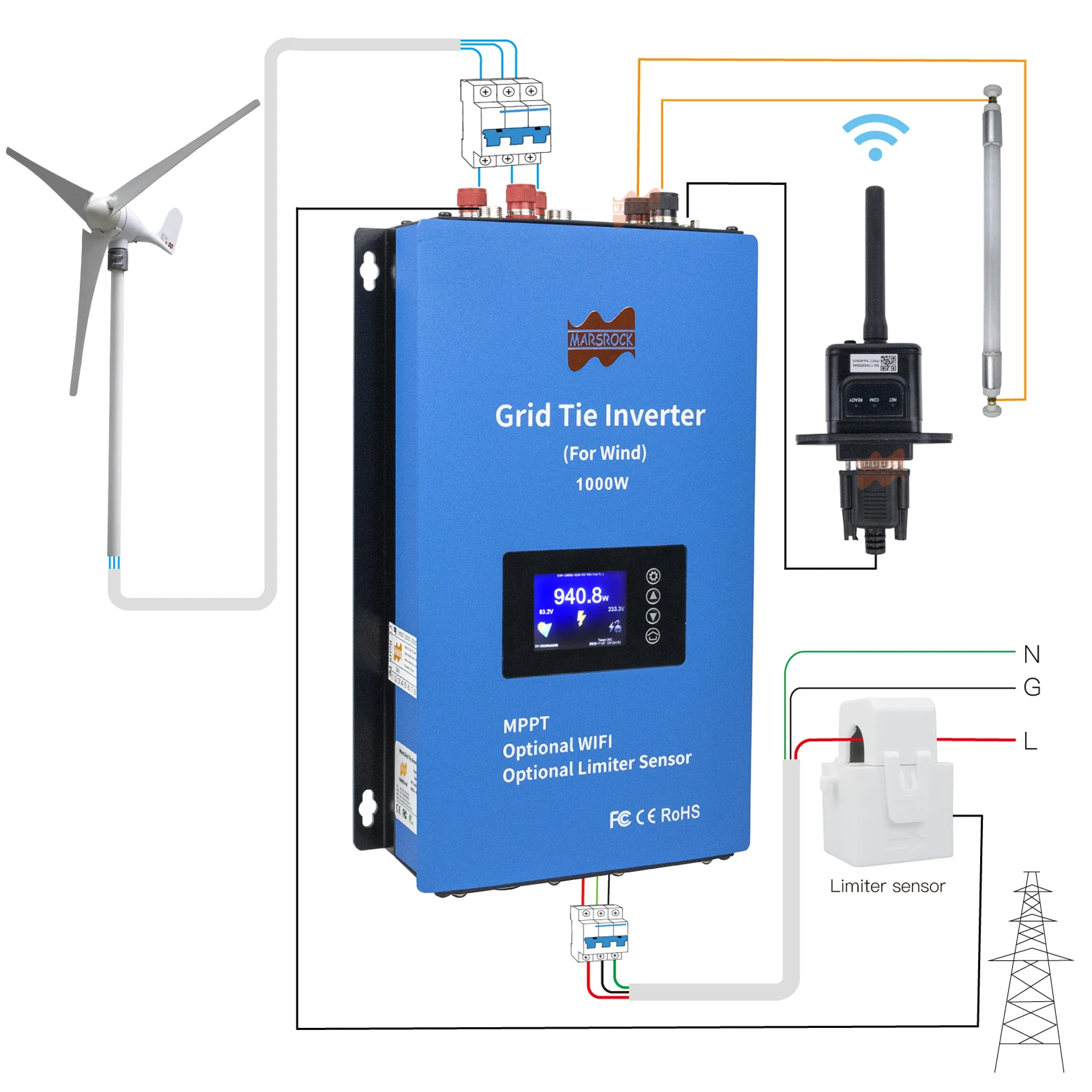 Inverter Grid Tie Da 1000W Da Dc22-90V A Ac95-265V Con Limitatore Convertitore Generatore Di Turbine Eoliche Funzione Wifi Inverter Mppt Grid-On